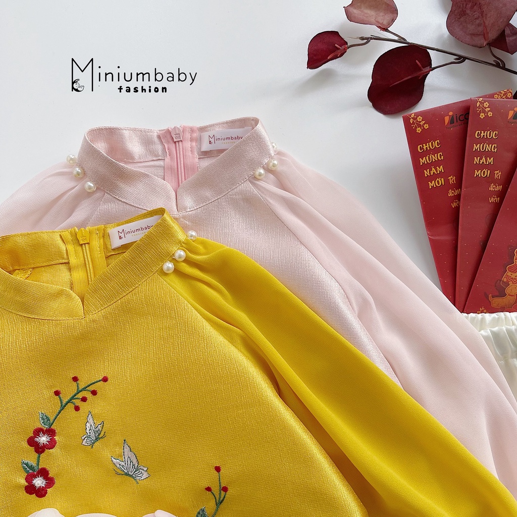 Set bộ áo dài cho bé gái, mẫu thiết kế áo dài cách tân họa tiết hoa mẫu đơn cho bé  MINIUMBABYFASHION AD1121