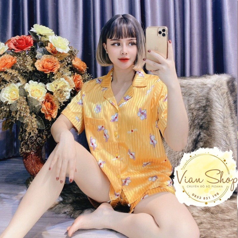 Bộ đồ pijama, Bộ lụa gấm cộc đùi cao cấp chất liệu mát lịm