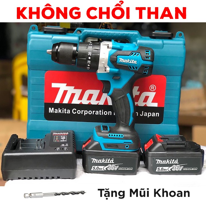 [TẶNG MŨI KHOAN] Máy khoan pin MAKITA 36V - KHÔNG CHỔI THAN - Có Búa, Bắt Vít, Siết Bulong - Pin 10 Cell - Lõi đồng 100%