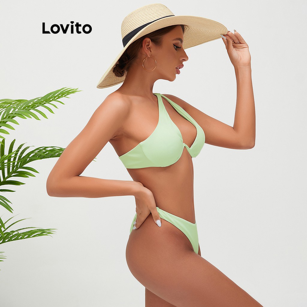 Bikini đi biển Lovito sọc gân có khoen tròn màu trơn phong cách Boho L15X061 (màu xanh lục nhạt)