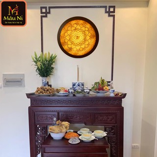 Tranh trúc chỉ in MÂU NI, Tâm chữ vạn, đk tròn, [ hào quang tượng phật bà, bàn thờ sang trọng, bàn thờ treo chung cư ]