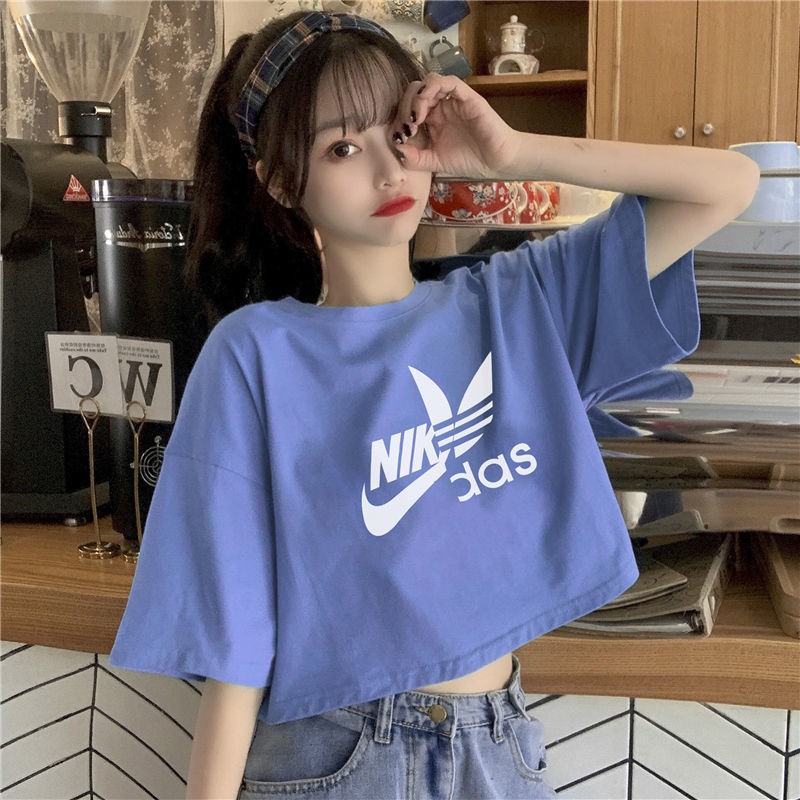 🍒Thời trang của phụ nữ🍒Mẫu quần áo thun ngắn tay lửng in sâu phiên bản mới mùa hè 2021 của Hàn Quốc cho bạn gái