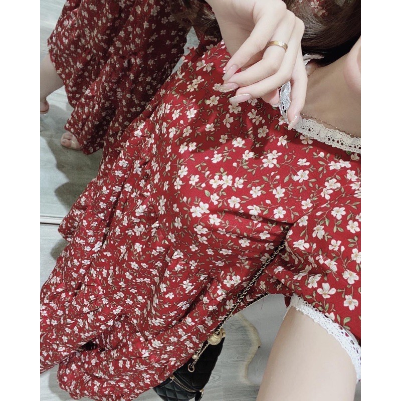 Váy hoa nhí cổ thiết kế ren ren - đầm bầu hoa nhí chất vải lụa tằm mặc mềm mát thoải mái