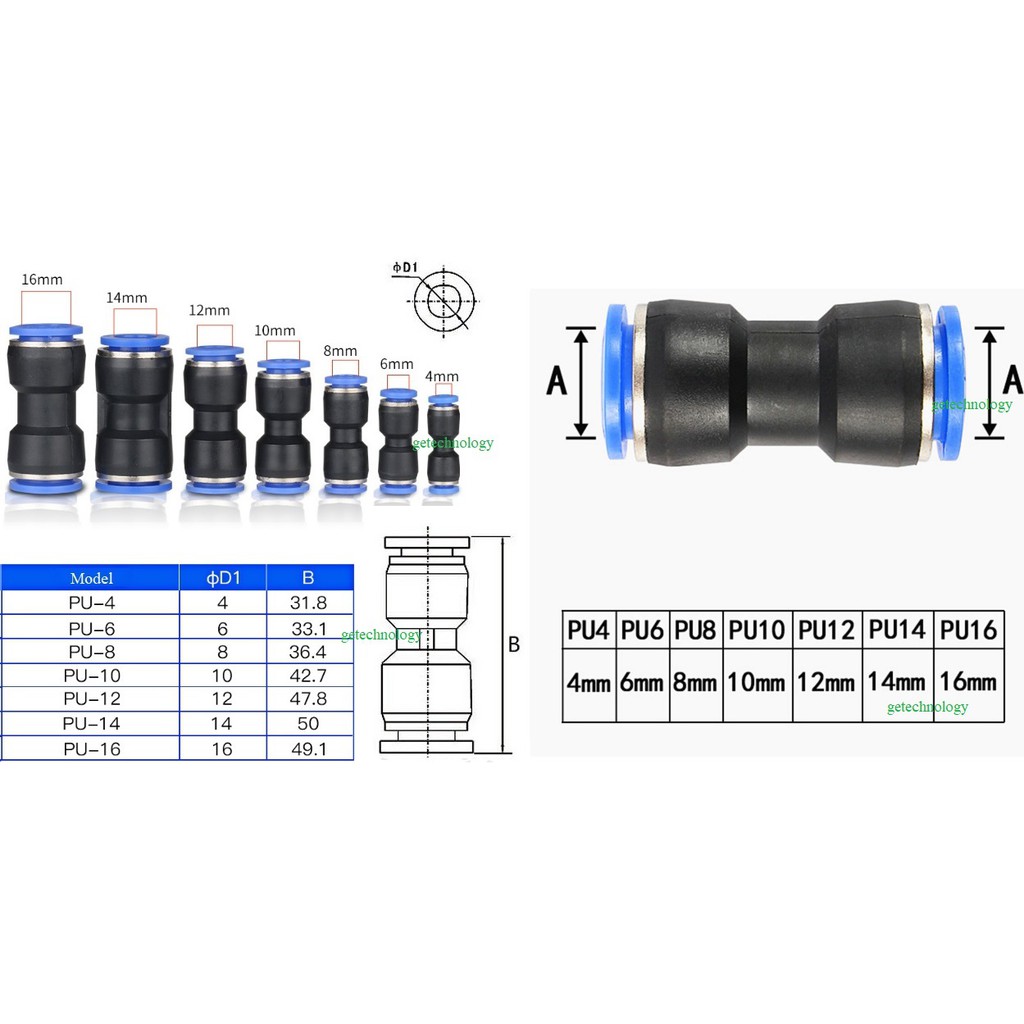 Đầu nối nhanh,đầu nối khí,đầu nối hơi, đầu nối fitting PU-4 PU-6 PU-8 PU-10 PU-12/PU4 PU6 PU8 PU10 PU12
