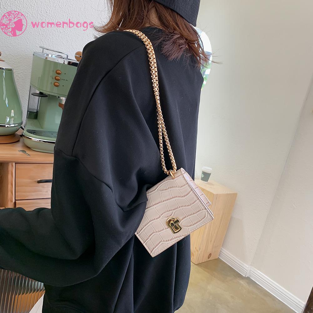 Túi da PU mini đeo chéo màu trơn phối quai đeo mắt xích thanh lịch cho nữ