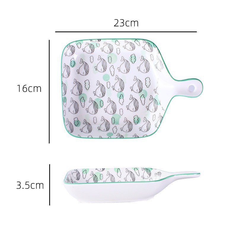 Đĩa gốm sứ vuông có tay cầm, đĩa vuông có cán