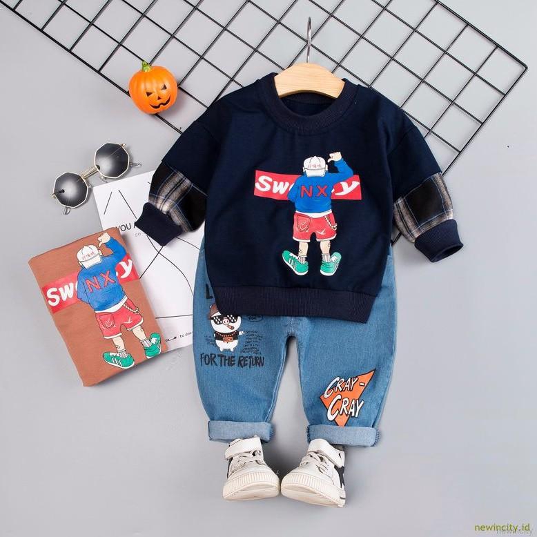 Bộ áo thun + quần denim dài in hoạt hình phong cách Hàn Quốc cho bé trai