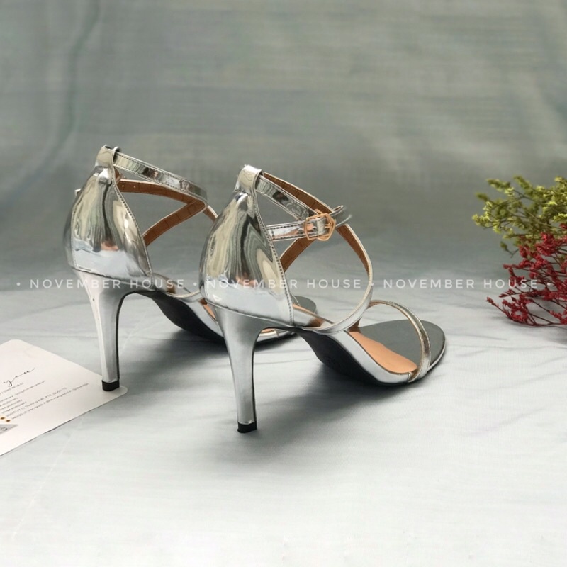 Giày sandal cao gót nữ da bóng kiểu dáng chéo dây mảnh gót nhọn bền đẹp ôm chân, SD49, November House
