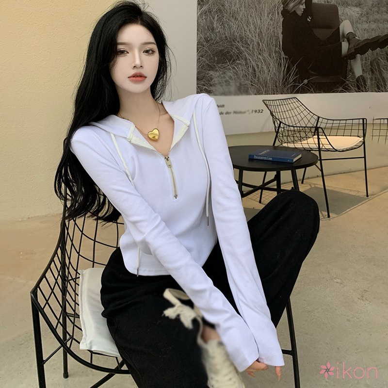 Áo Thun Có Mũ Trùm Và Khóa Kéo Màu Sắc Đơn Giản Thời Trang Hàn Quốc Cho Nữ