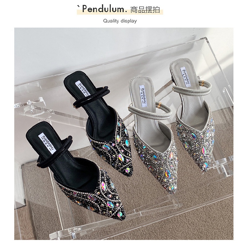 Dép Bít Mũi Nhọn Gót Cao Đính Đá Phong Cách Mới Mùa Hè 2022 Dễ Phối Đồ Cho Nữ