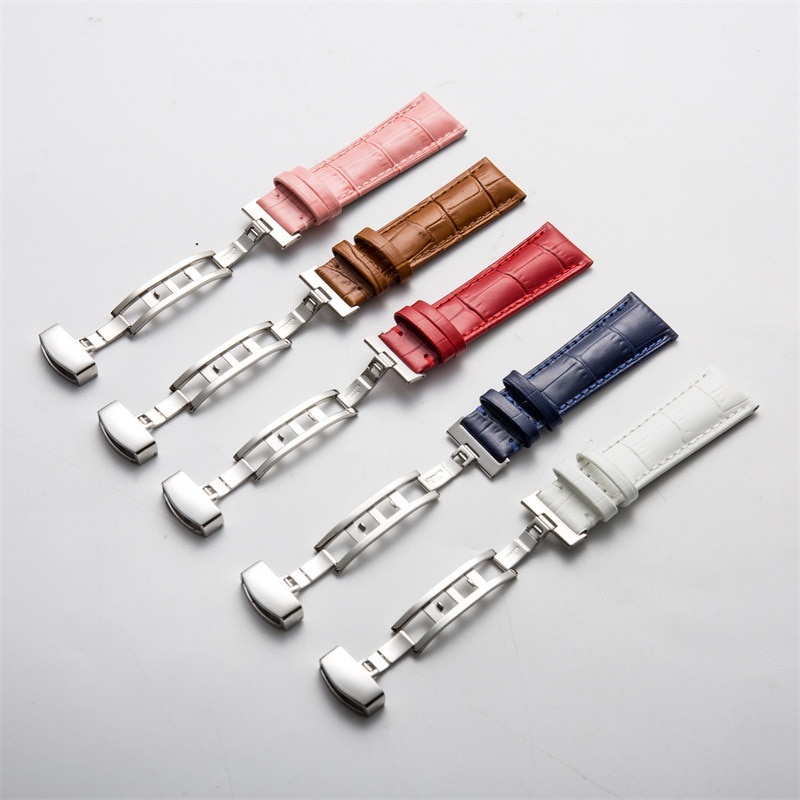 Dây Đồng Hồ Đeo Tay Chất Liệu Da Màu Hồng Kích Thước 15mm 16mm 17mm 18mm 19mm 20mm 22mm Cho Nam Nữ