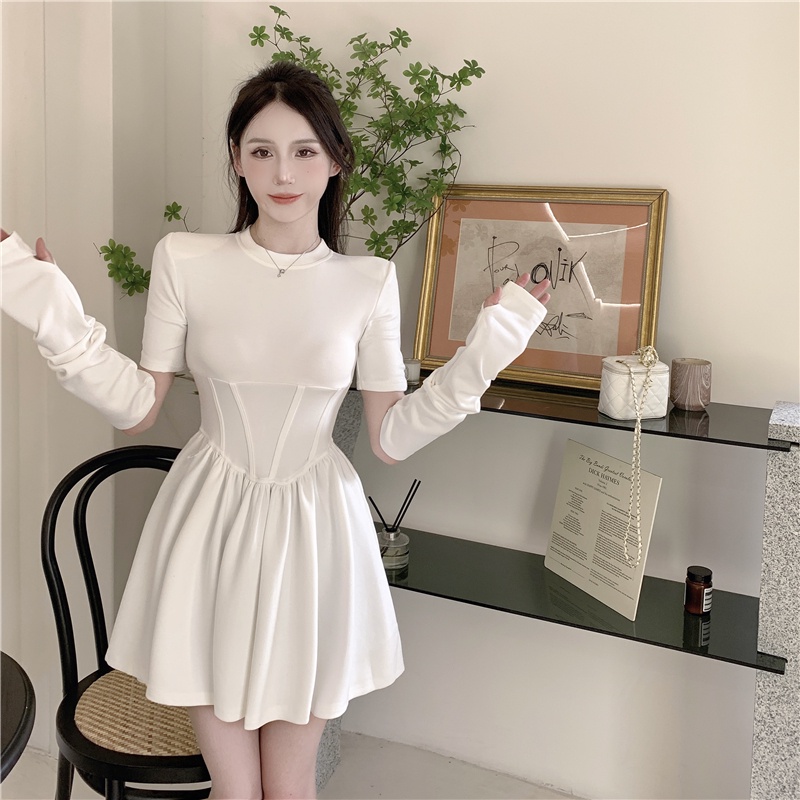 Đầm Chữ A Tay Dài Cổ Tròn Ôm Eo Co Giãn Phong Cách Mùa Thu Pháp Mới Cho Nữ