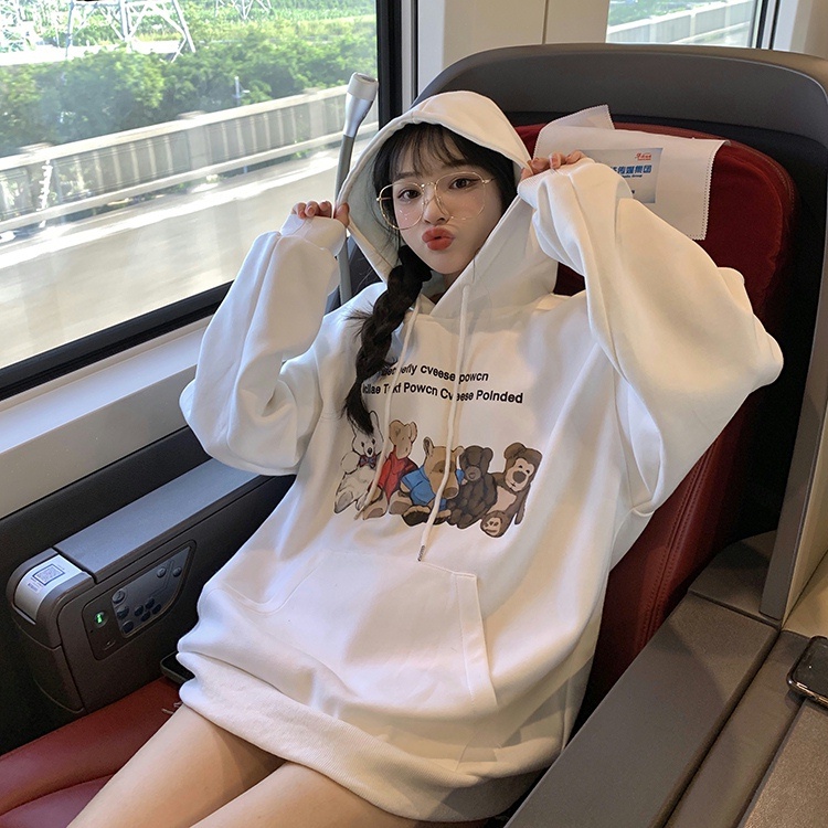 Áo hoodie ZHELIHANGFEI in hình gấu hoạt hình dễ thương cho nữ