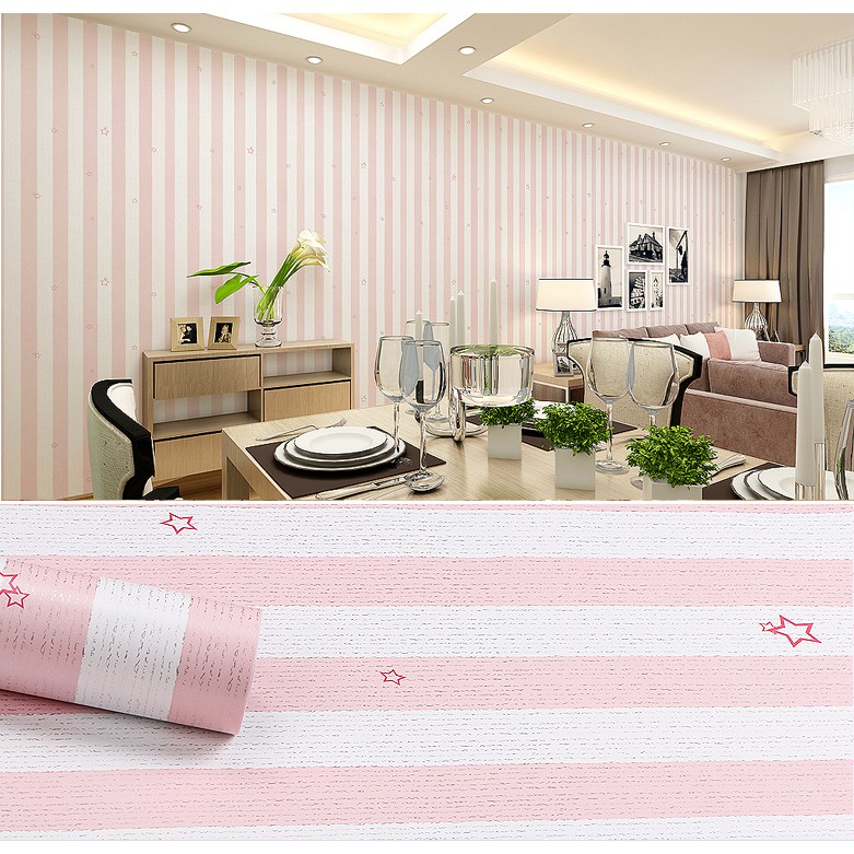Decal giấy dán tường sọc sao hồng khổ rộng 45cm