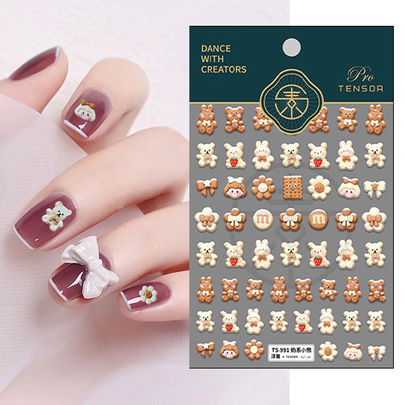 1 Tờ Miếng Dán Trang Trí Móng Tay Dập Nổi Hình Gấu/Bánh Kem 5D Dễ Thương