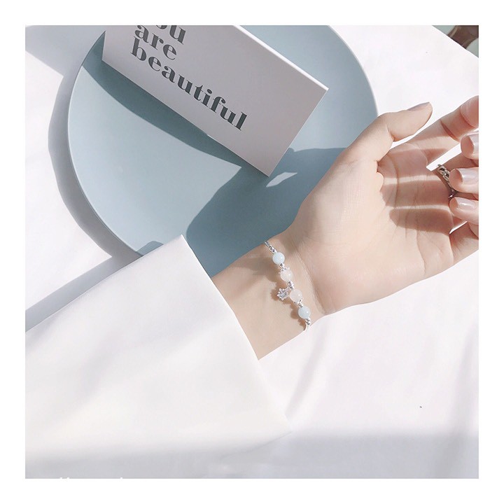 Vòng Phong Thủy đá Mặt Trăng kết hợp đá Aquamarine mix charm bạc 925. Hợp mệnh Kim - Thủy