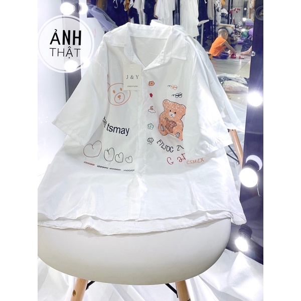 [VIDEO ẢNH THẬT] Áo Sơ Mi Tay Lỡ Hình Gấu Hot Trend 2021- Áo Sơ Mi Cổ Đức Ulzzang
