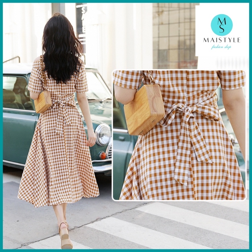 Đầm caro MAISTYLE Váy caro 2 dây tiểu thư trễ vai xinh đầm hai dây bánh bèo dáng dài đẹp xòe đi chơi tết dễ thương | BigBuy360 - bigbuy360.vn