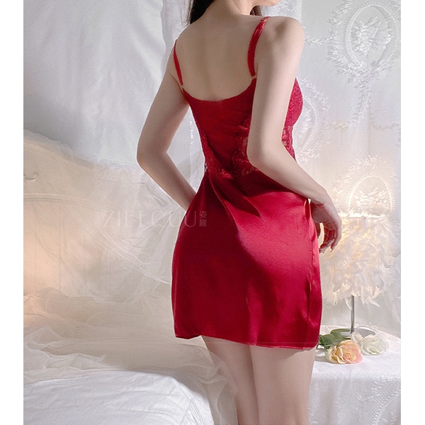 Váy ngủ 2 dây mặc nhà phối ren ngực sexy gợi cảm đầm ngủ nữ kèm quần lọt khe đen đỏ mềm mịn đáng yêu BIKI HOUSE N141