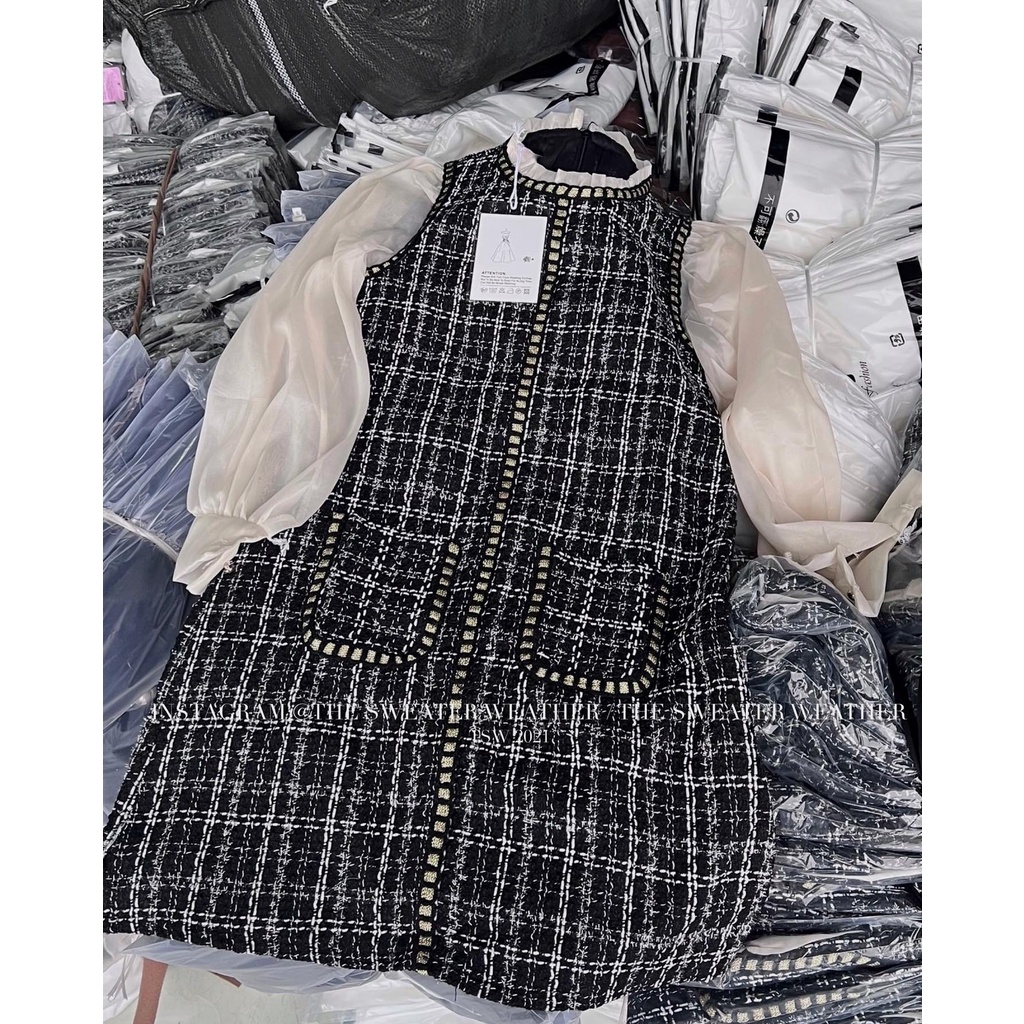 (Ảnh thật) Váy tweed đen cổ bèo phối tay voan the.sweaterweather TSW | BigBuy360 - bigbuy360.vn