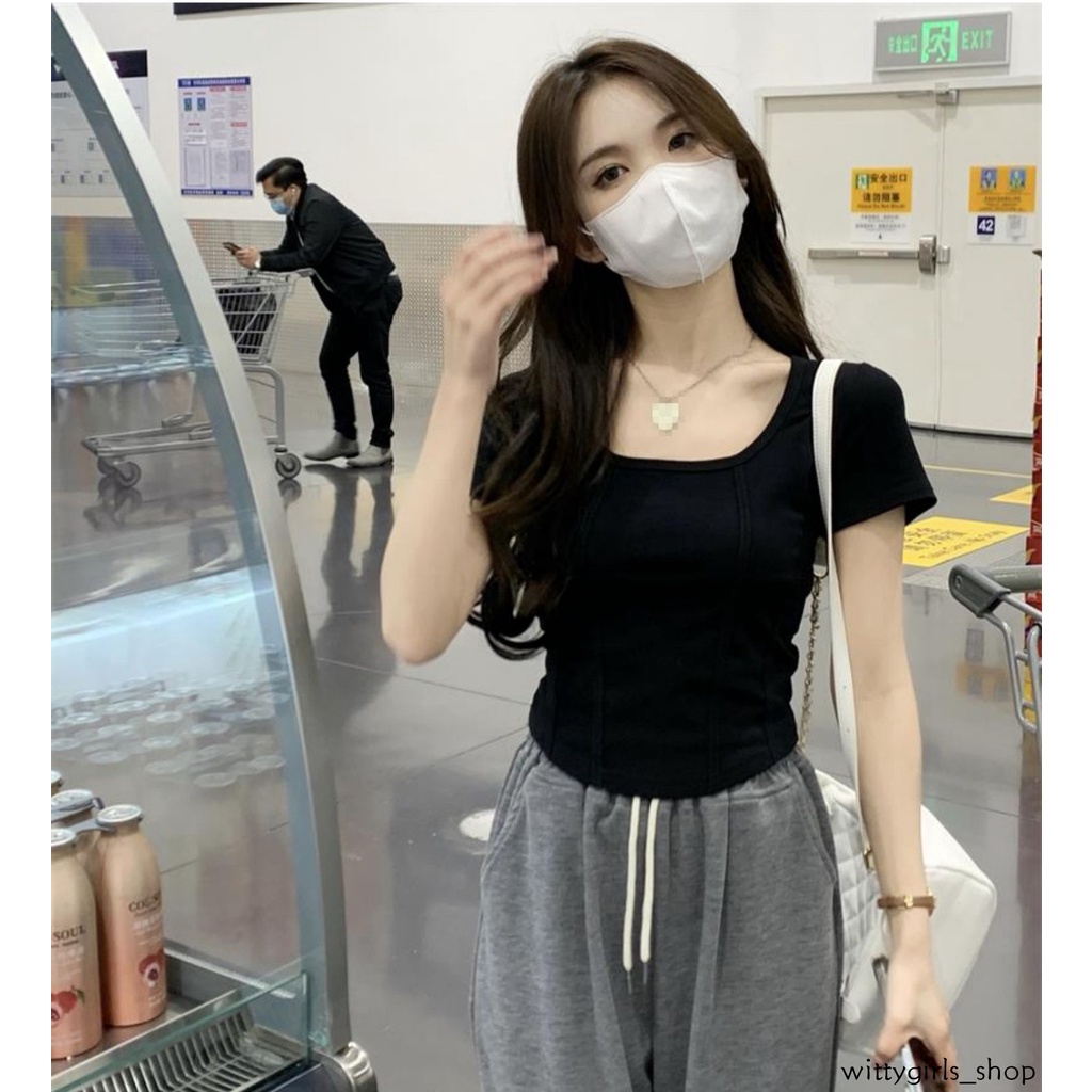 Áo Thun Lửng Tay Ngắn Cổ Vuông Thời Trang Cho Nữ