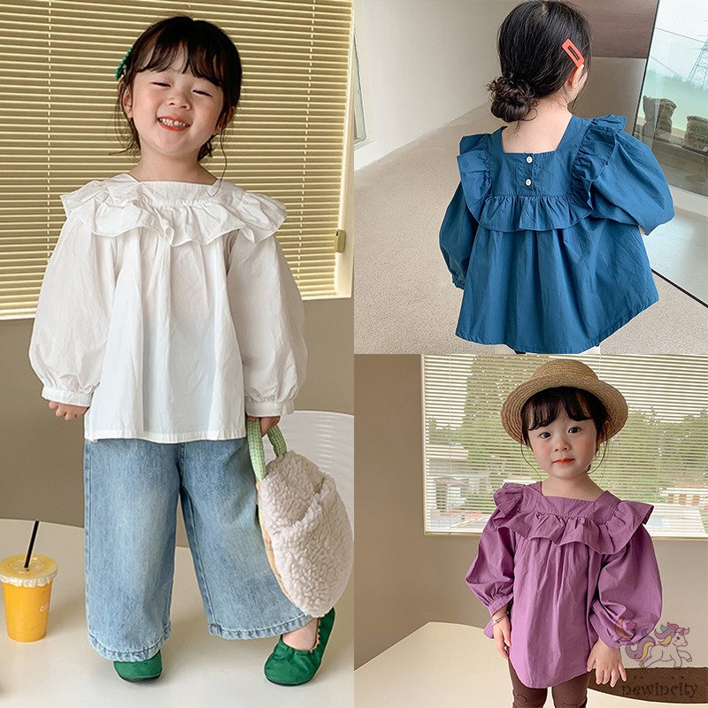 Áo Sơ Mi Cotton Cổ Vuông Dài Tay Thời Trang Hàn Quốc Dành Cho Bé Gái