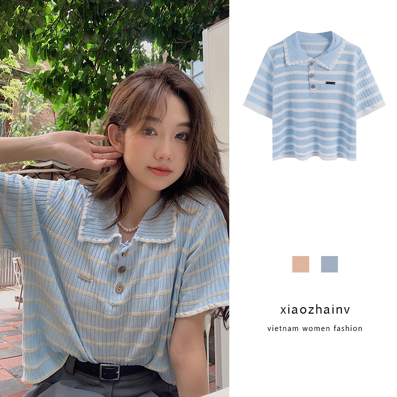 Xiaozhainv Áo polo Tay Ngắn Dáng Rộng Họa Tiết Kẻ Sọc Thời Trang Mùa Hè Phong Cách Hàn Quốc Cho Nữ