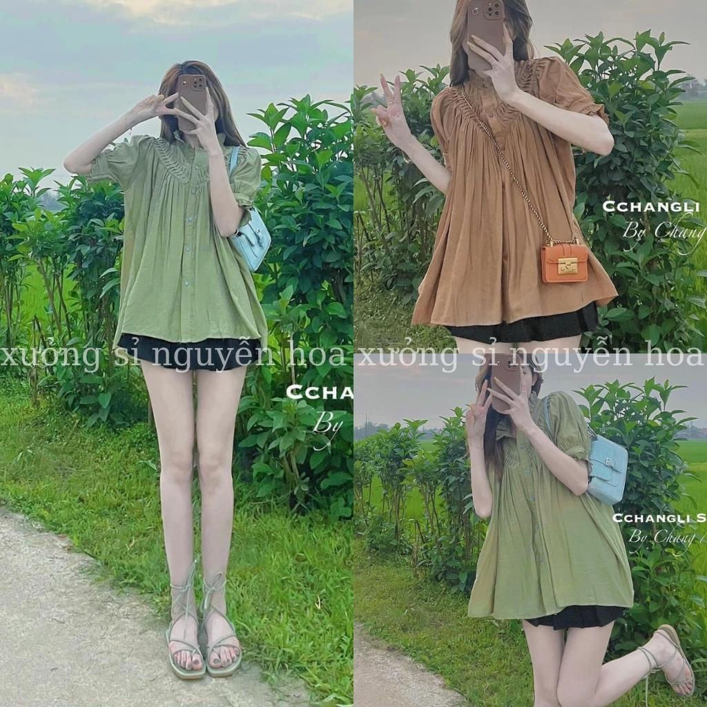 Áo sơ mi đũi ngắn tay cổ điệu tay chun 2 màu xanh cam đất phong cách hàn quốc trẻ trung xưởng sỉ nguyễn hoa
