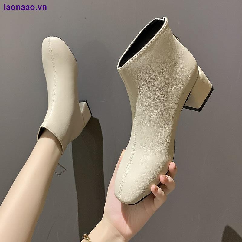 Giày bốt cao gót cổ thấp mũi vuông đế dày phối khóa kéo phía sau thời trang xuân thu hàng mới dành cho nữ 2021