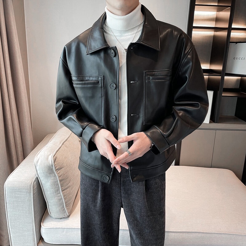 Áo khoác da PU dáng rộng phong cách cổ điển cá tính thường ngày chạy xe mô tô cho nam