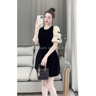 Đầm nhung phối tay voan nơ bồng siêu xinh