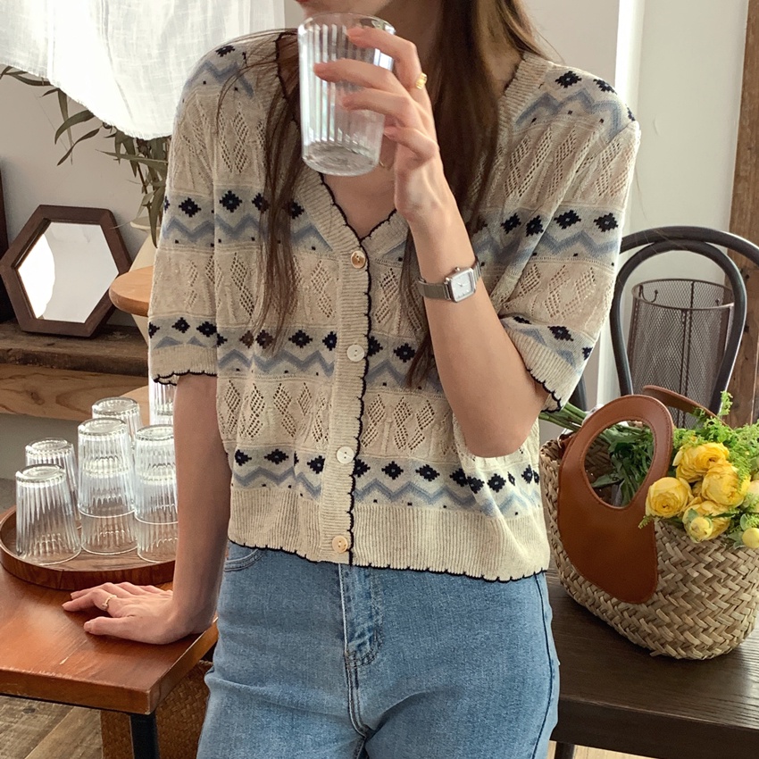 Áo Cardigan Ngắn Dệt Kim Cổ V Viền Gợn Sóng Thời Trang 53160