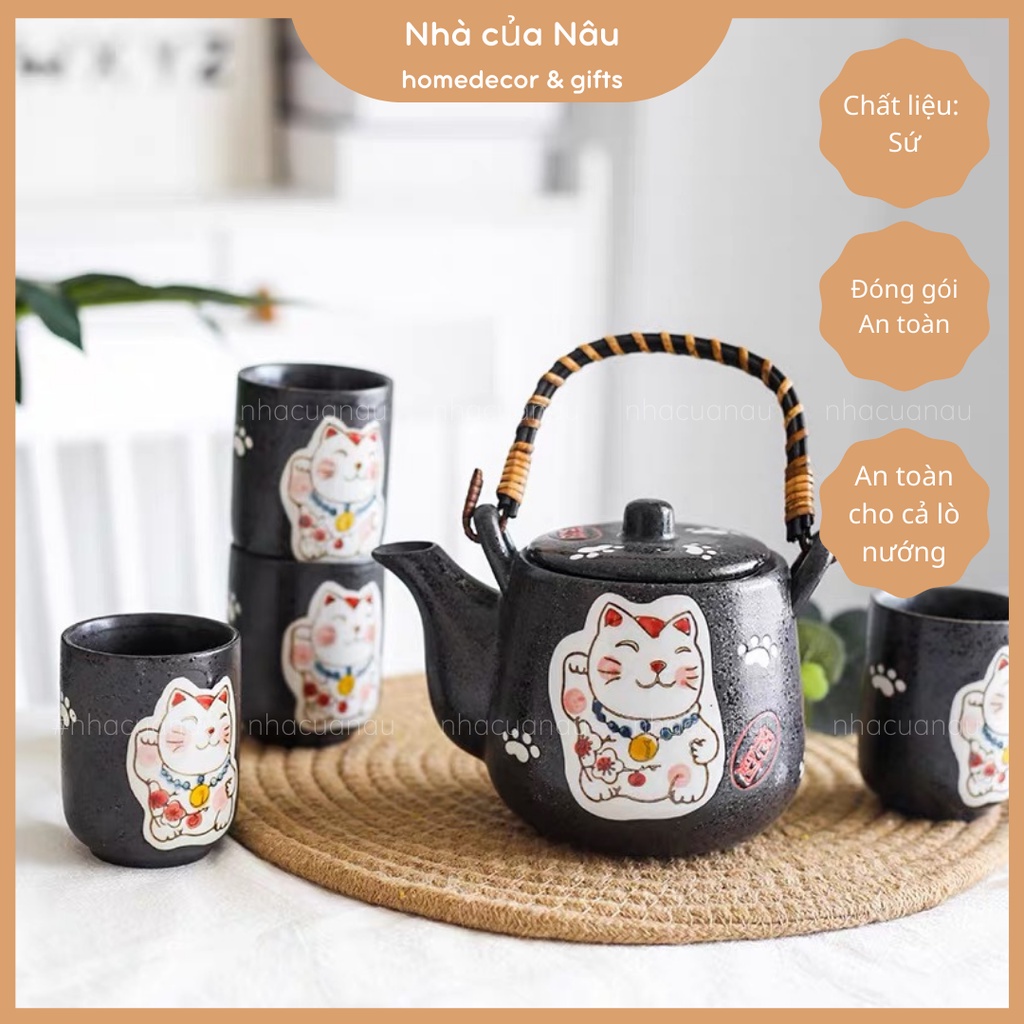 Set ấm chén, bộ bình trà sứ, hoạ tiết Mèo thần tài Maneki Neko độc đáo rất thích hợp tặng biếu, tân gia, sinh nhật