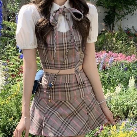 Bộ Áo Sơ Mi Giả Hai Mảnh + Chân Váy Đồng Phục Xếp Ly Sọc Caro Thời Trang Mùa Hè Cho Bạn Gái
