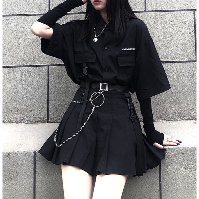 Áo sơ mi tay lỡ túi hộp form rộng unisex nam nữ hiphop + chân váy xếp ly ngắn cá tính Châu Âu