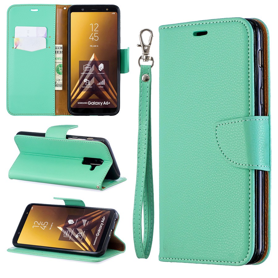 Bao da điện thoại màu trơn thanh lịch có ngăn đựng thẻ + dây đeo cho Samsung Galaxy A6/6+ 2018 | BigBuy360 - bigbuy360.vn