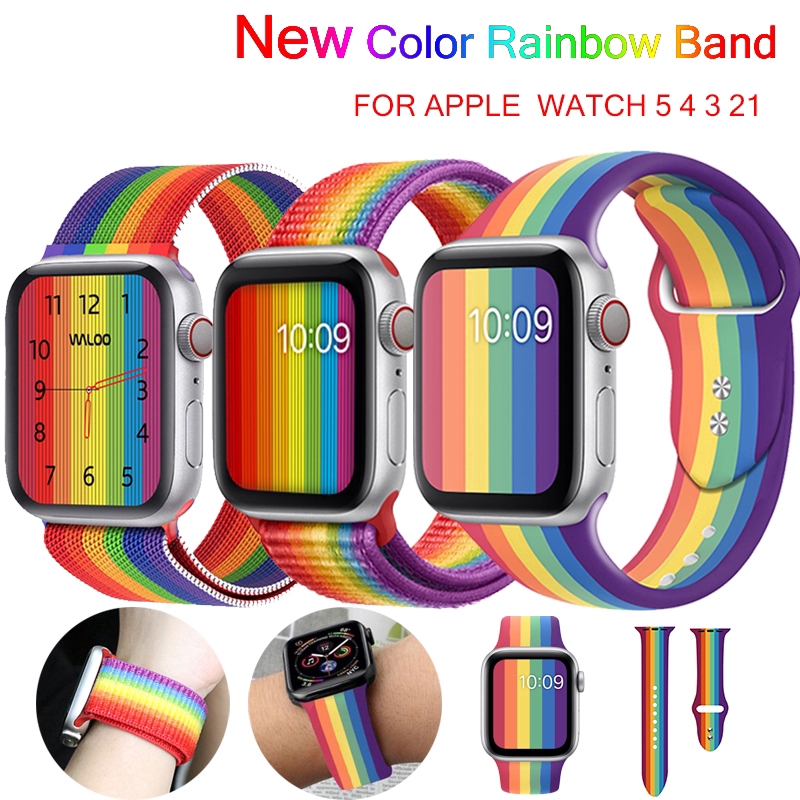 Dây Nylon Màu Cầu Vồng Khóa Kim Loại Cho Đồng Hồ apple watch 7 45mm 41mm 38mm 42mm 40mm 44mm series 7 6 SE 5 4 3 2 1