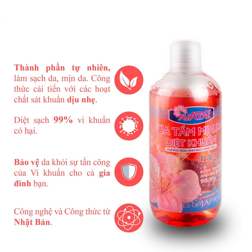 Sữa tắm mịn da diệt khuẩn 99.9% AVATAR 500ml - Hương hoa Anh Đào