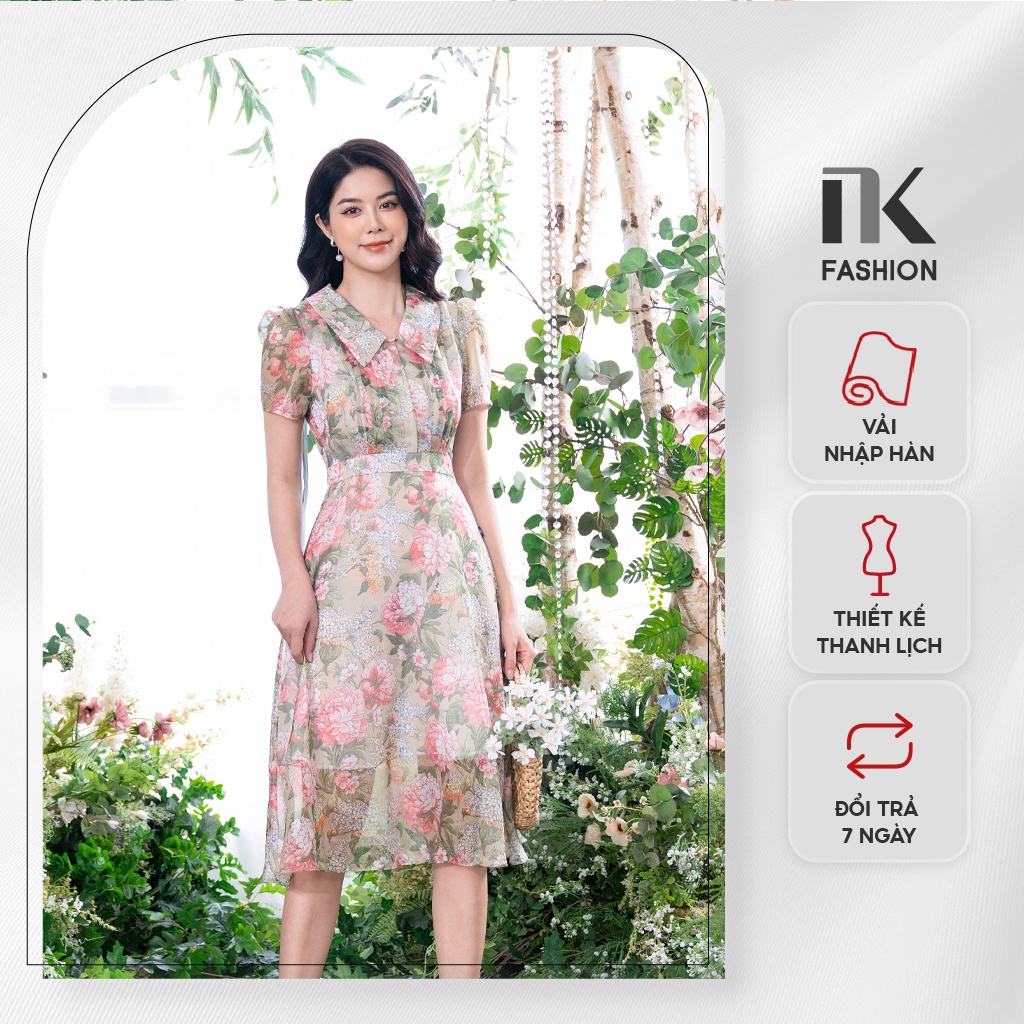 Đầm Dáng Xòe Nữ NK Fashion Cổ Sen Kèm Nơ Rời Họa Tiết Hoa Nữ Tính, Chất Vải Cao Cấp Mềm Mịn NKDV2204004