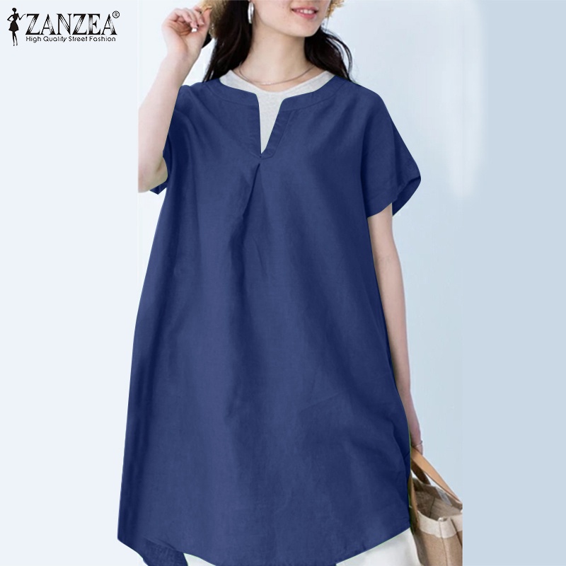 Zanzea Áo Sơ Mi Tay Ngắn Cổ Chữ V Màu Trơn Phong Cách Vintage Dành Cho Nữ
