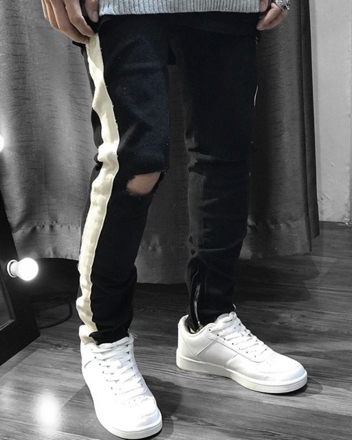 Quần jeans rách zip phối sọc