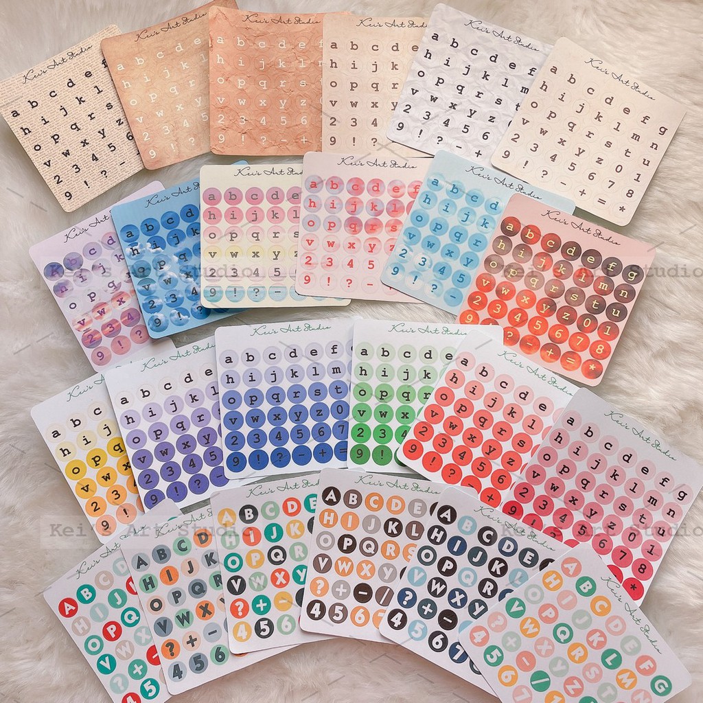 SET 6 TỜ CHỮ CÁI HÌNH TRÒN - Sticker nhãn dán giấy mẫu chữ màu sắc cơ bản, vintage, mây trời trang trí sổ