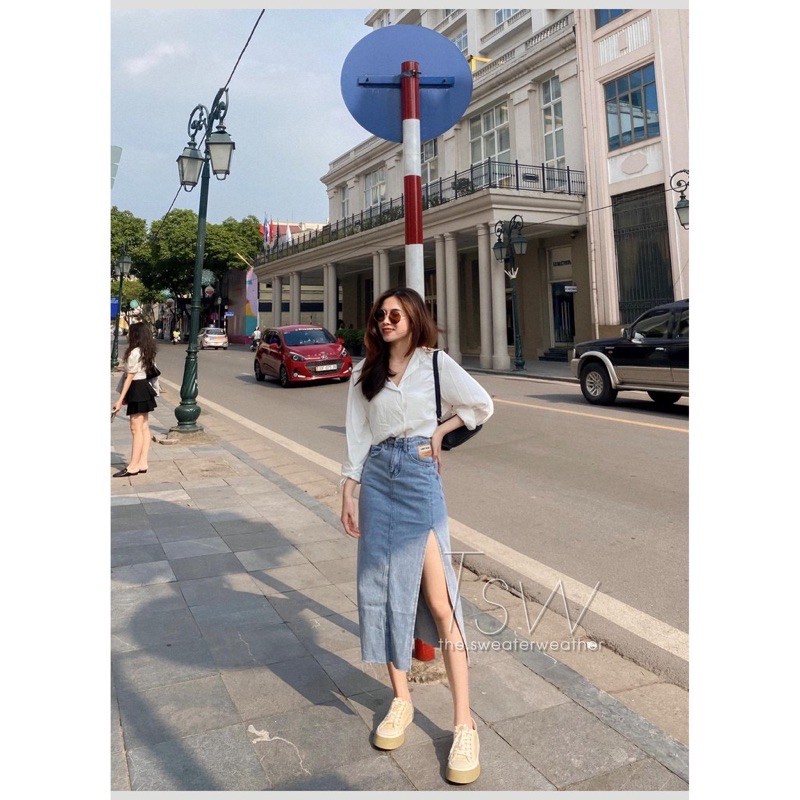[Ảnh thật/Sẵn/Video]Chân váy denim skirts xẻ vạt logo nâu chuẩn hàng Quảng Châu | BigBuy360 - bigbuy360.vn