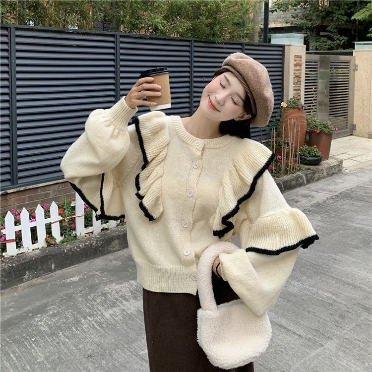 Áo Sweater Dệt Kim Dáng Rộng Phối Bèo Kiểu Nhật Hàn Dễ Thương Cho Nữ