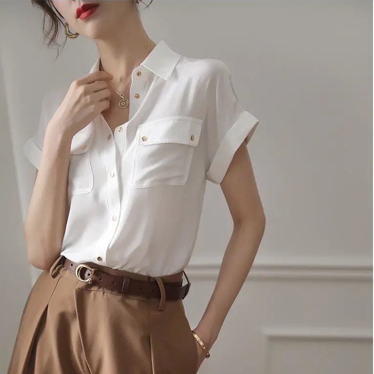 Áo Sơ Mi Công Sở Tay Ngắn Màu Trơn Có Túi Và Nút Kiểu Pháp Thanh Lịch