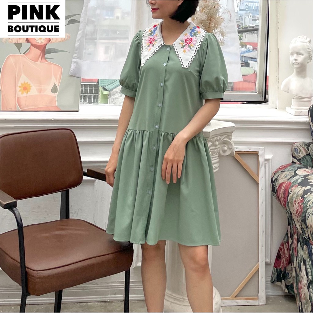 Váy Xuông Vintage Đuôi Cá, Đầm Dáng Suông Tay Ngắn Phồng Cài Cúc Thiết Kế PINKBOUTIQUE