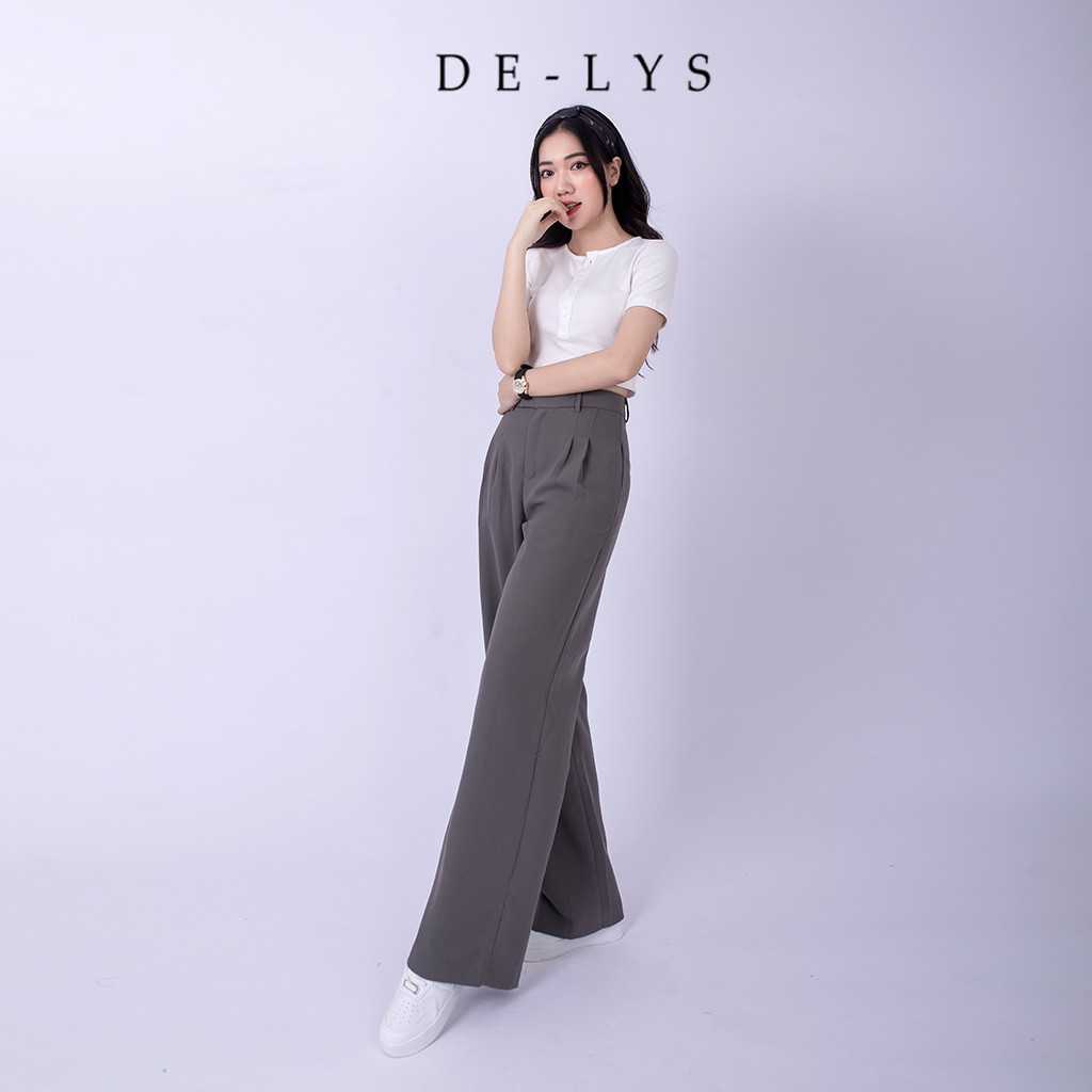 Quần ống rộng nữ lưng cao Delys quần suông xám ghi đá vải tuyết mưa mềm