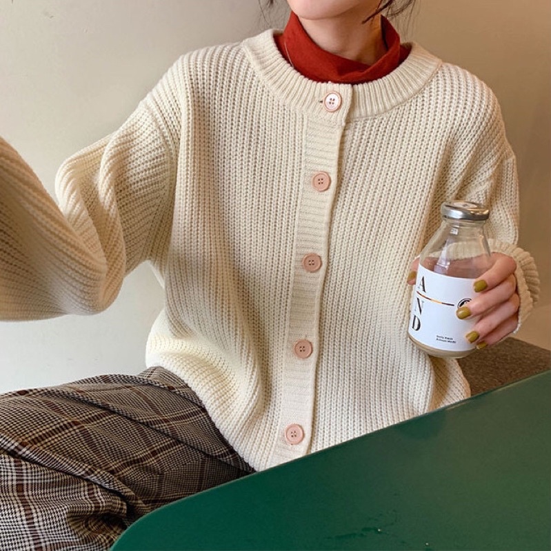 Áo Len Cổ Tròn, Áo Len Cardigan dài tay đủ màu dáng rộng hoạ tiết trơn phong cách Ulzzang