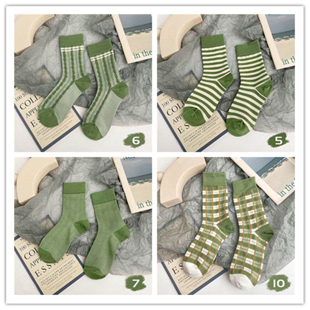 1 Đôi Vớ Cotton Kẻ Sọc Màu Xanh Matcha Thoáng Khí Phong Cách Nhật Bản Cổ Điển Dễ Thương Cho Nữ