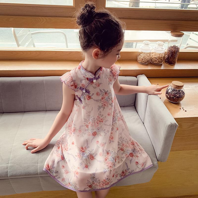 váy trẻ em♦☜✸Váy sườn xám cô gái mùa hè 2021 trẻ em mới kiểu Trung Quốc công chúa voan siêu cổ tích bé Hanfu